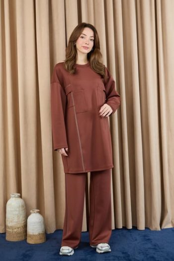 Women's Stone Detail Pants Suit - 14379TKS - BROWN