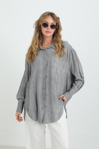 Women's Cuffed and Pleated Back Short Shirt Tunic - 10638GML - ANTHRACITE