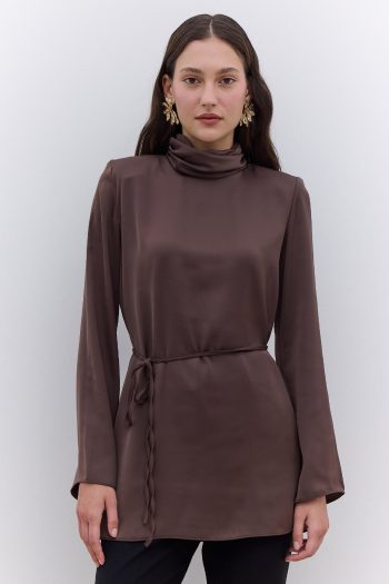 Satin Wide Sleeve Tunic Brown