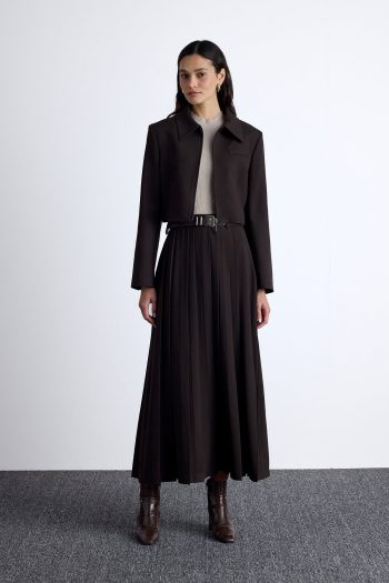 Wide Pleated Skirt Dark Brown