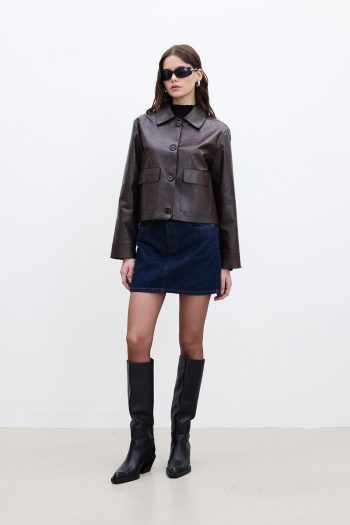 Short Faux Leather Jacket Dark Brown