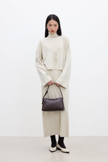 Sleeveless High Neck Knit Dress Beige