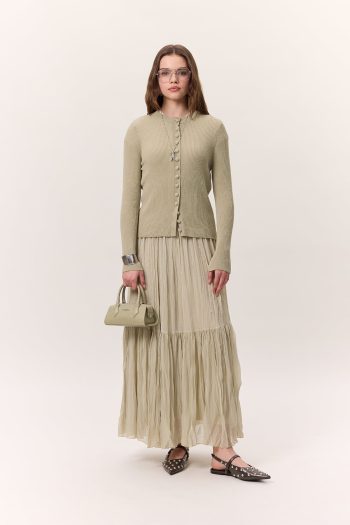 Crushed Pleated Maxi Skirt Sage Green