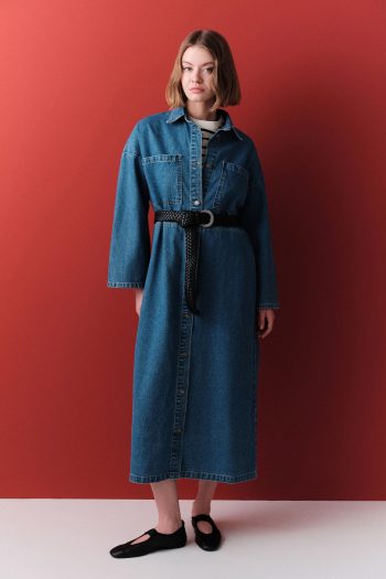 Button-Front Denim Shirt Dress Dark Blue