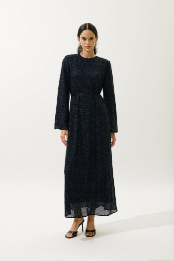 Long Sleeve Shimmer Evening Dress Navy Blue