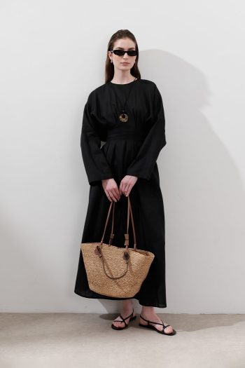 Siyah Keten Pile Detaylı Elbise