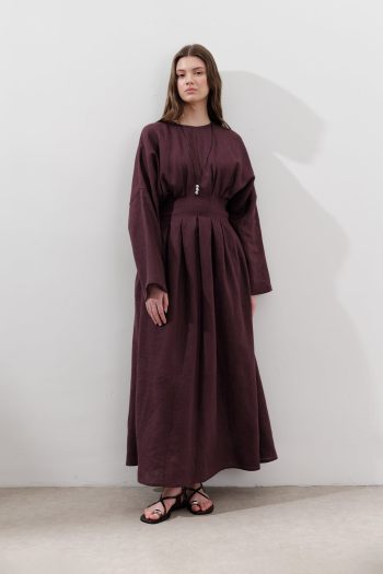 Linen Pleat Detail Dress Damson