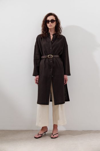 Linen Belted Long Tunic Dark Brown