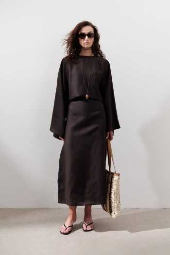 Tie-Waist Linen Dress Dark Brown