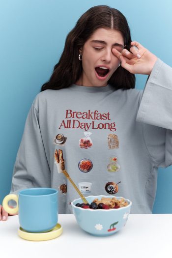 Printed Long-Sleeve Crop Top Breakfast