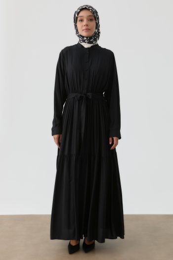 Ribbed Waist Elastic Dress - Black