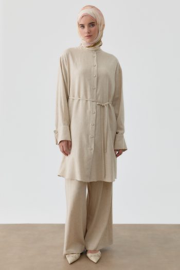 Pileli Keten Pantolon - Bej