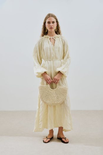 Ruched Neck Linen Dress Yellow