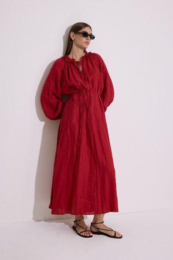 Ruched Neck Linen Dress Red