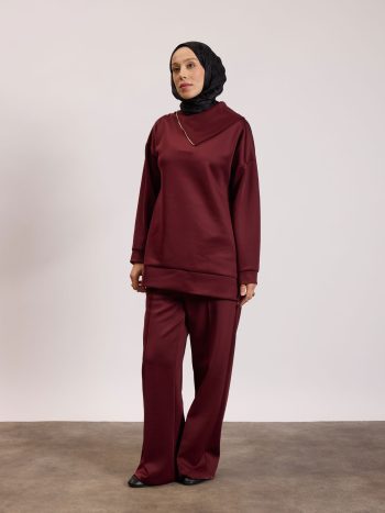 Asymmetric Neck Scuba Suit in Burgundy