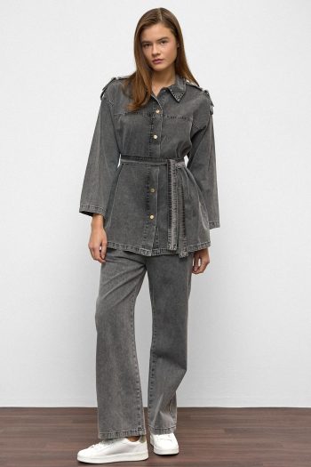 Anthracite Denim Tunic Pants Set with Epaulet Detail 9381-TK