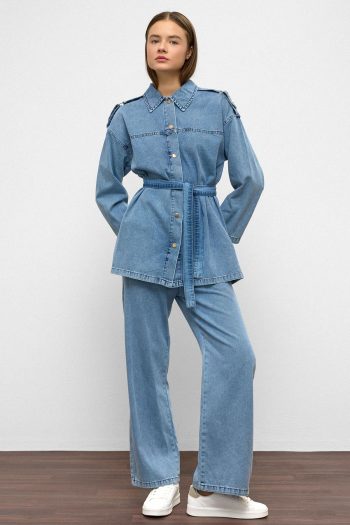 Epaulet Detailed Tunic Pants Denim Set BLUE 9381-TK