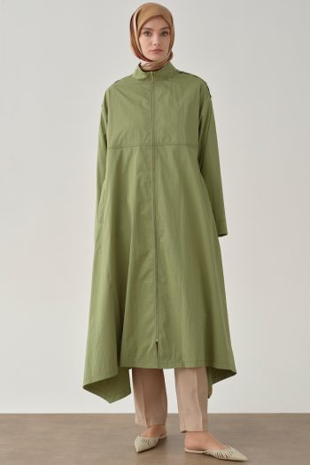 Asymmetric Cut Low Sleeve Raincoat - Olive