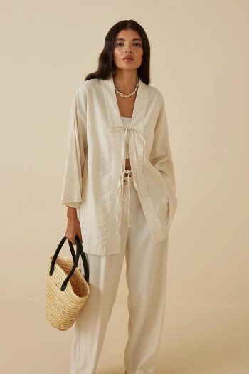 Beige Linen Blend Lace-Up Suit
