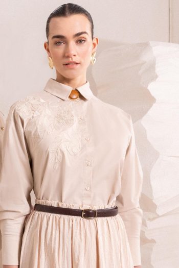 Beige Floral Embroidered Shirt Tunic