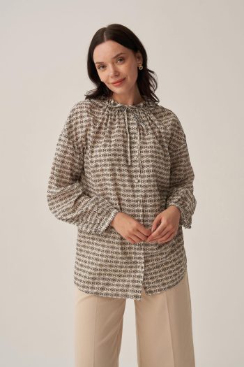Beige-Blue Collar Drawstring Patterned Shirt