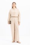 Beige Pleated Wide Leg Linen Trousers