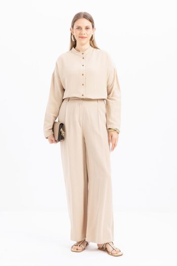 Beige Pleated Wide Leg Linen Trousers