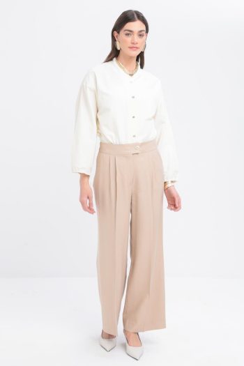 Beige Pleated Wide Leg Trousers
