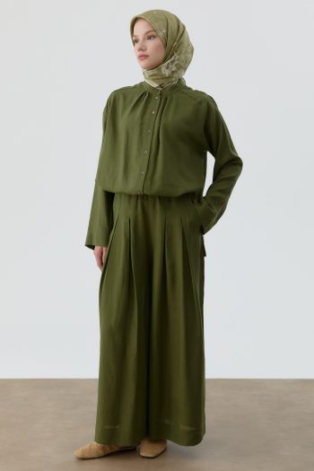 Pleated Detail Trousers with Elastic Waistband - Khaki