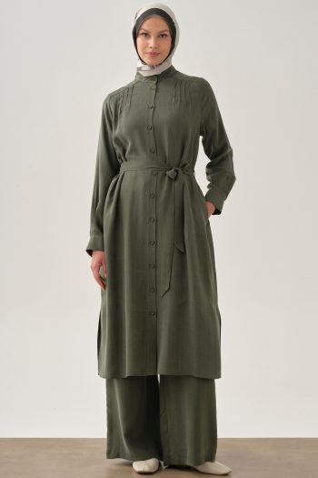 Khaki Elastic Waist Pants with Drawstring Detail