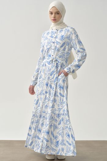 Blue Patterned Dress with Belt