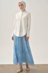Blue Pleated Skirt with Elastic Waistband and Pattern