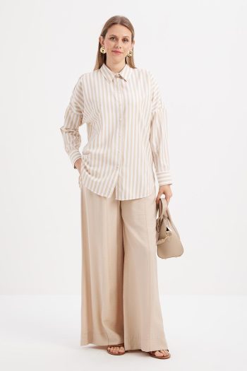 White-Beige Oversize Basic Shirt