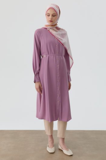 Pleated Wrist Button Detail Tunic - Lilac