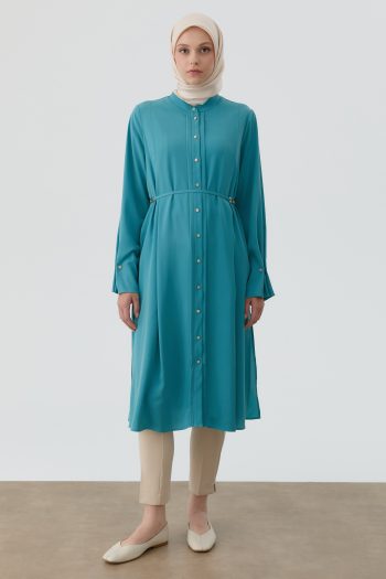 Pleated Cuff Button Detail Tunic - Petrol