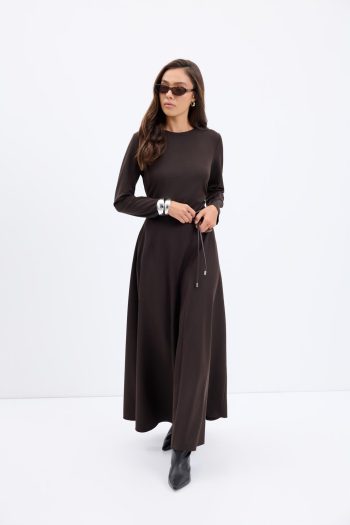 Bateau Neck Patchwork Long Dress in Coffee