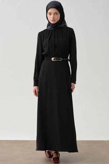 Ruched Detail Belted Dress - Black