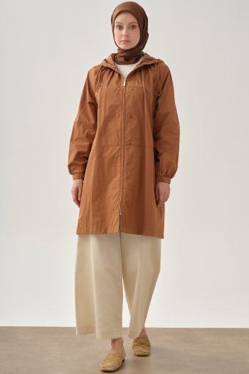 Drawstring Zippered Raincoat - Coffee