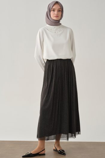 Shimmering Ruched Tulle Skirt - Anthracite