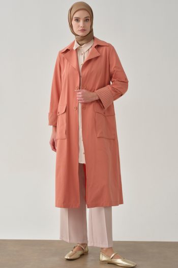 Pocketed Stripe Print Trench Coat - Orange