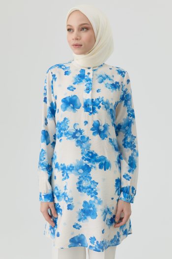 Floral Patterned Slit Tunic - Blue