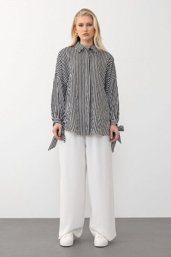 Striped Shirt and Elastic Waist Pants Set BLACK 7939-TK