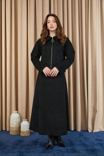 Women's Embroidered Zip-Up Scuba Suede Jacket Set - 14396TKM - BLACK