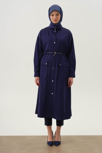 High-Collar Belted Coat - Indigo