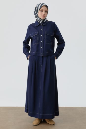 Stitched Detail Skirt and Shirt Set - Navy Blue