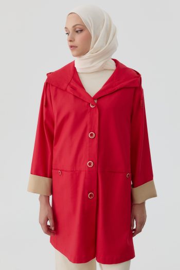Button Detailed Combined Coat - Red