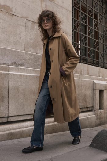 Plaid-Lined Belted Long Trench Coat in Camel