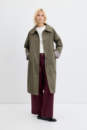 Plaid Lined Long Trench Coat with Belt in Khaki
