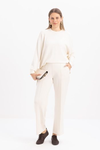 Ecru Wide-Leg Slit Stretch Knit Trousers