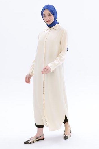 Ecru-Hidden Placket Long Shirt Tunic